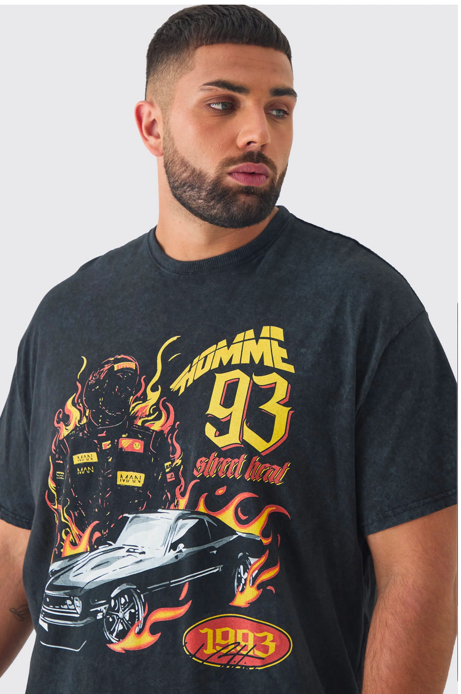 BoohooMan Plus Oversized Acid Washed Moto Print T-Shirt