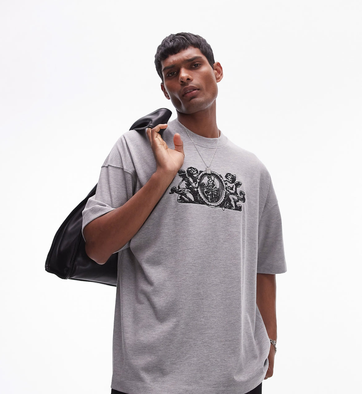 Topman premium extreme oversized fit t-shirt with cherub crest embroidery in grey marl