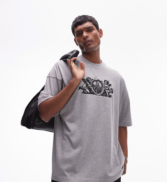 Topman premium extreme oversized fit t-shirt with cherub crest embroidery in grey marl
