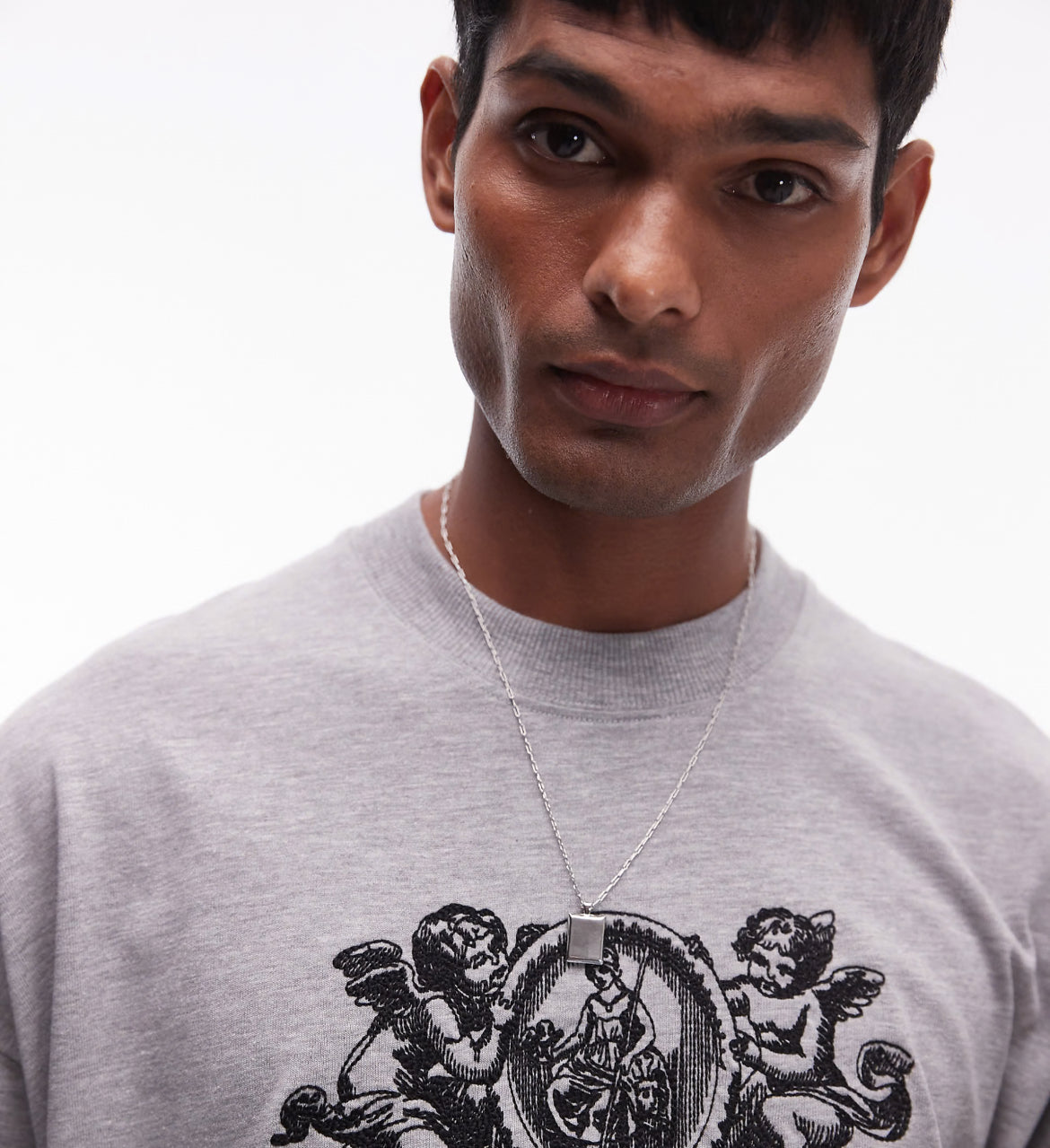 Topman premium extreme oversized fit t-shirt with cherub crest embroidery in grey marl