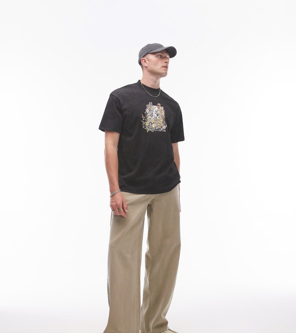 Topman oversized fit t-shirt with floral rock print in washed black