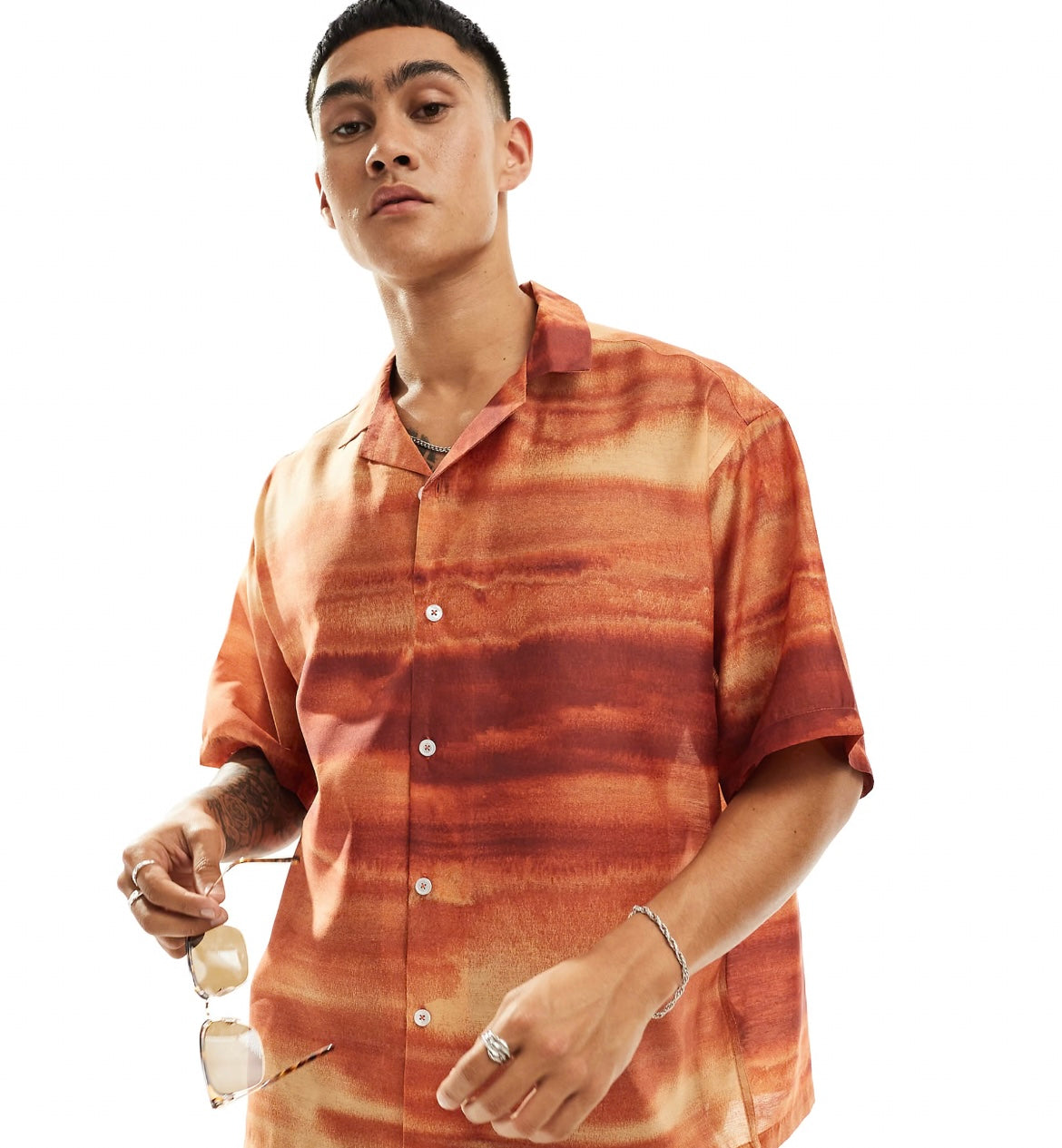 ASOS DESIGN oversized revere shirt in orange ombre print