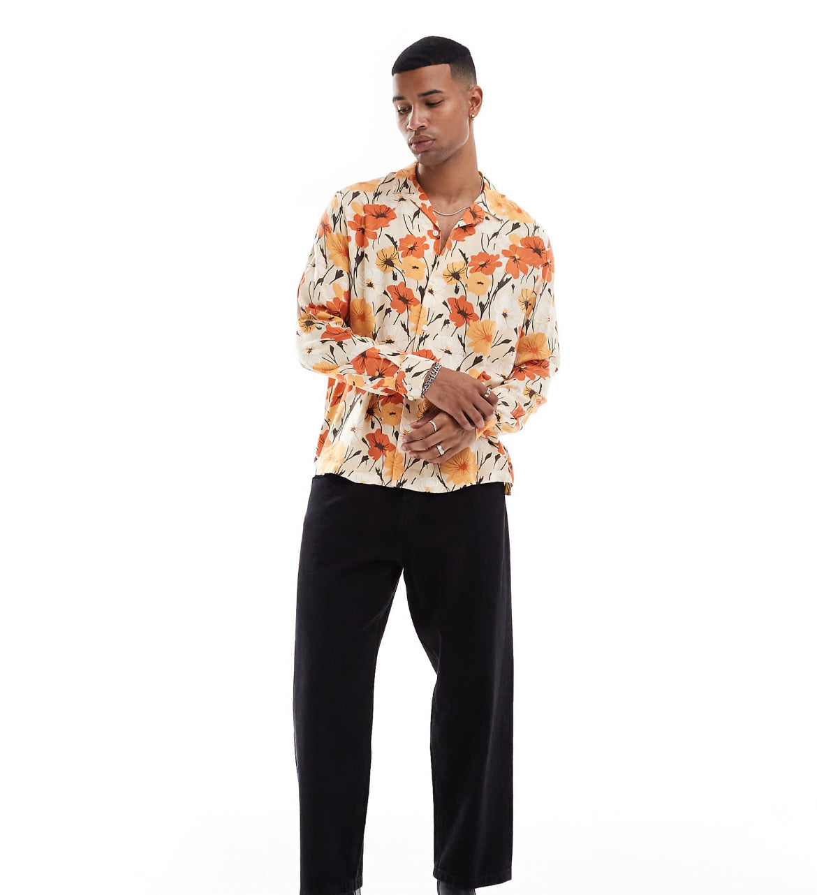 ASOS DESIGN relaxed revere shirt with retro floral print in orange