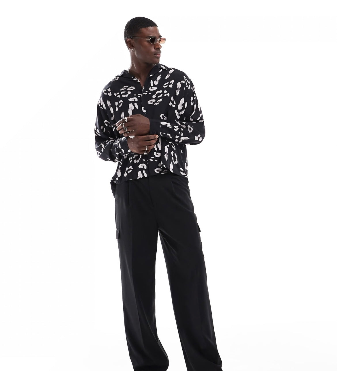 ASOS DESIGN oversized revere shirt with leopard print in black