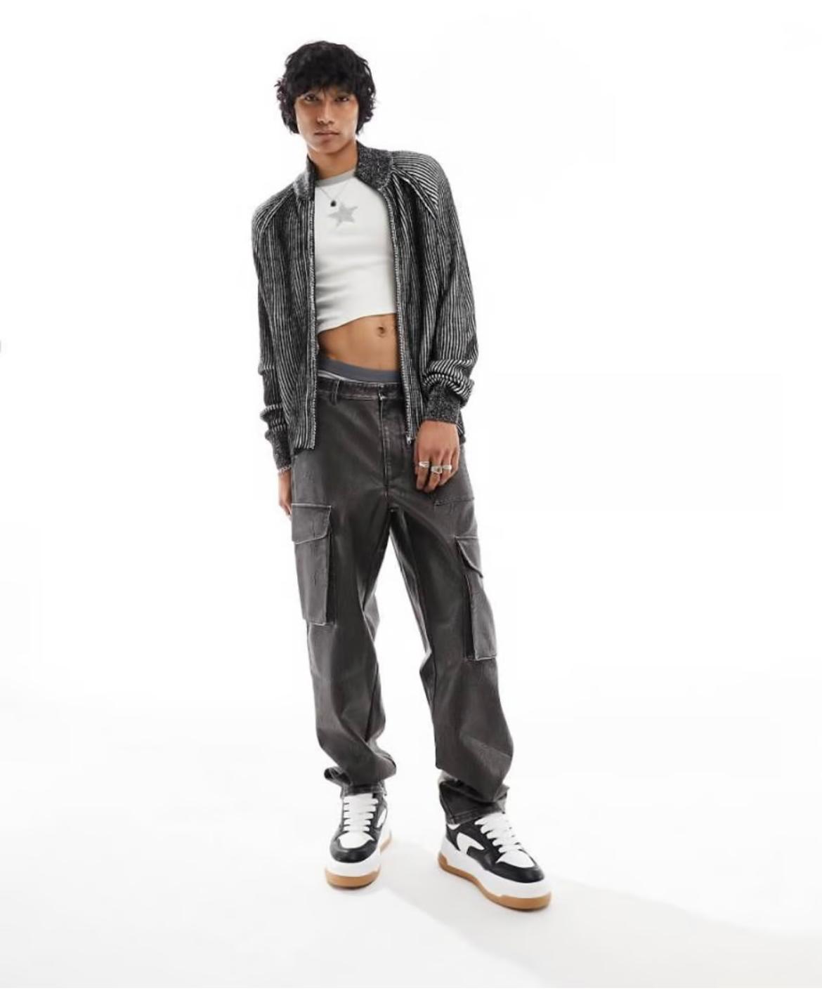 ASOS DESIGN baggy leather look cargo trouser in washed brown with heavy pocket detail