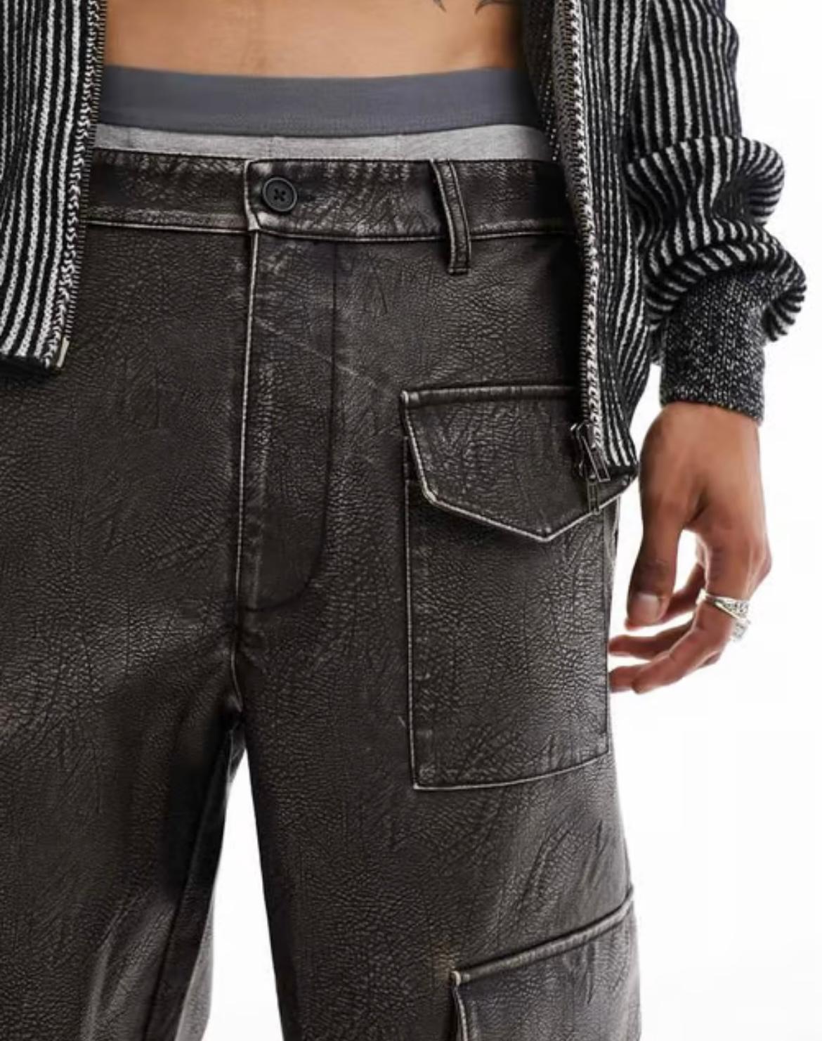 ASOS DESIGN baggy leather look cargo trouser in washed brown with heavy pocket detail
