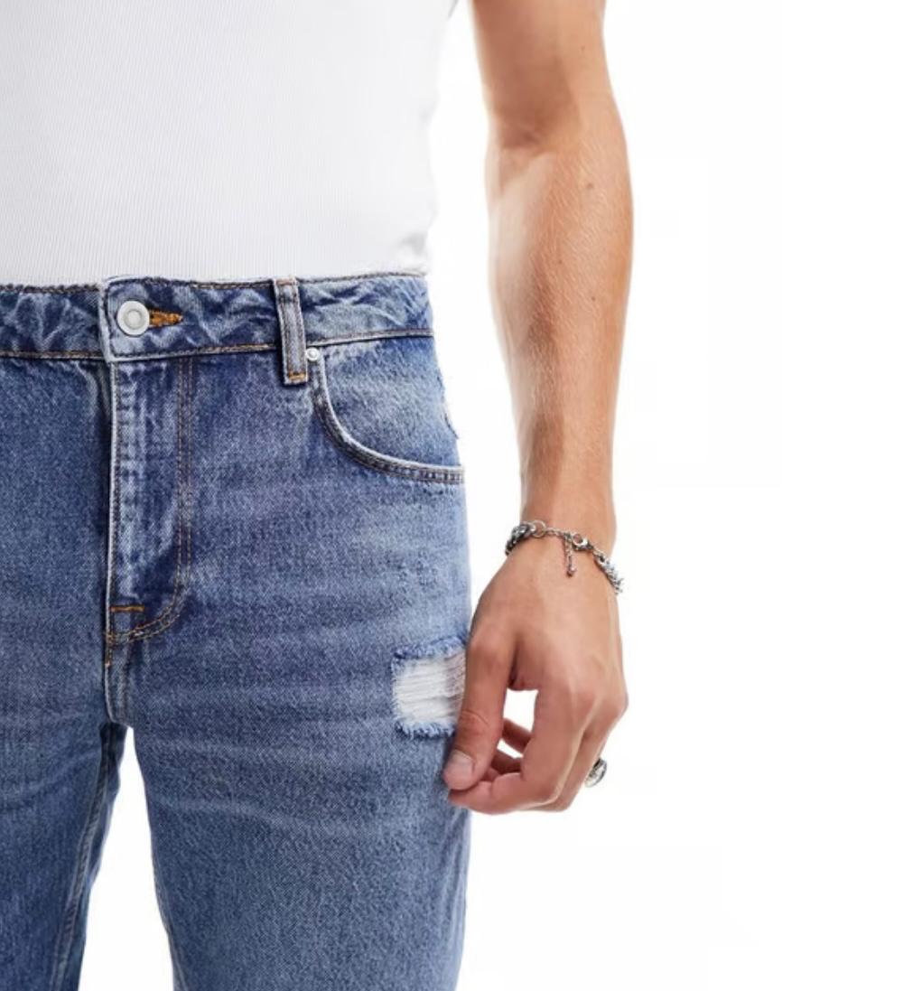 ASOS DESIGN slim jeans in vintage mid blue with rips