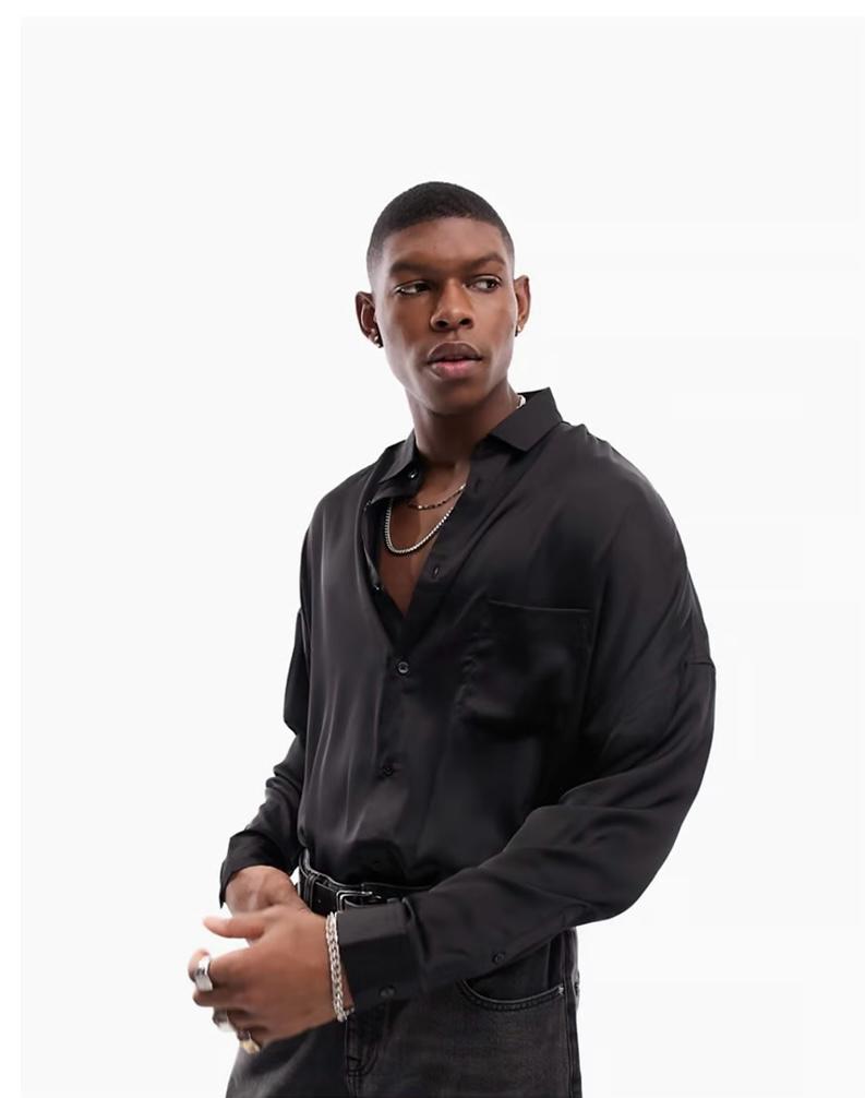 ASOS DESIGN oversized satin shirt in black