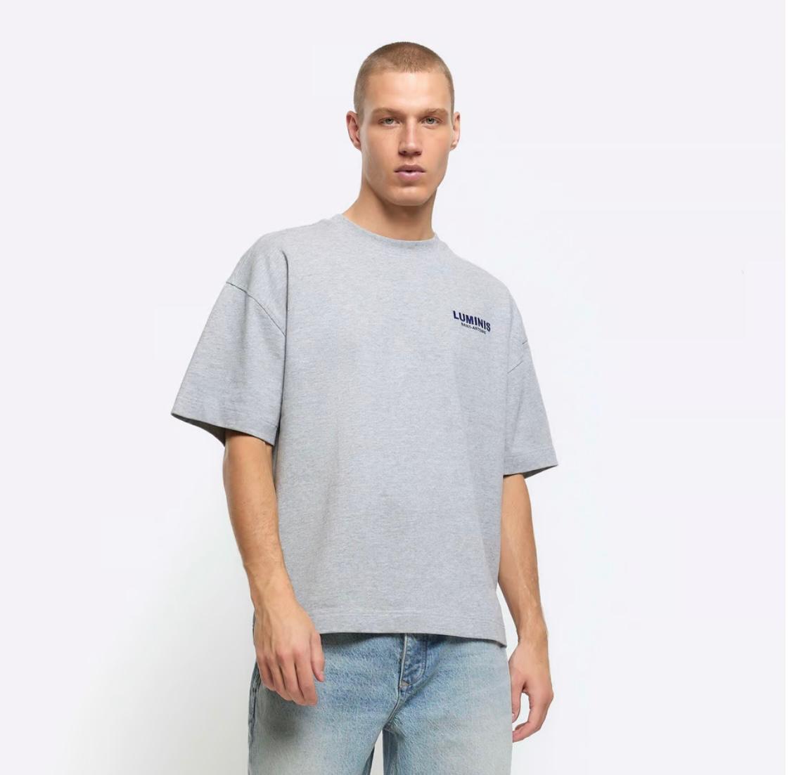 River Island Mens T-Shirt Grey Oversized Graphic Heavyweight