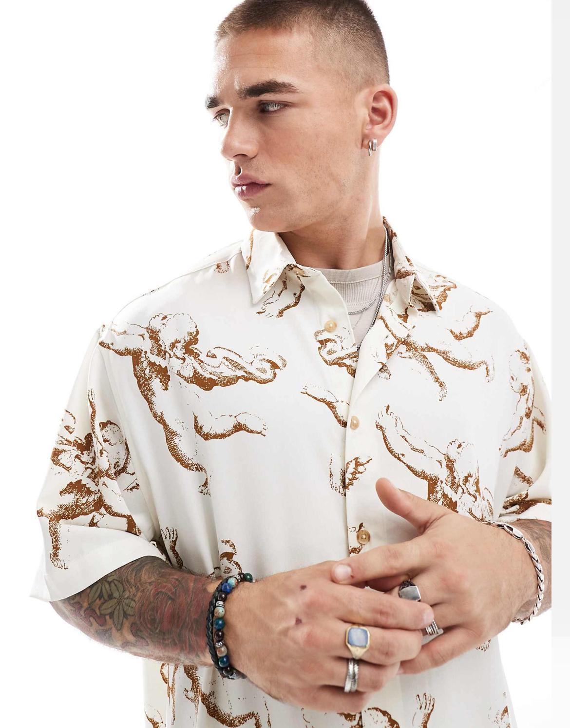ASOS DESIGN oversized shirt with cherub print in neutral
