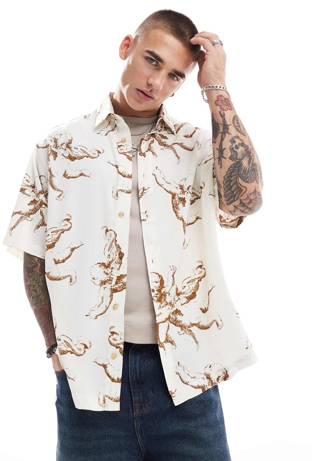 ASOS DESIGN oversized shirt with cherub print in neutral