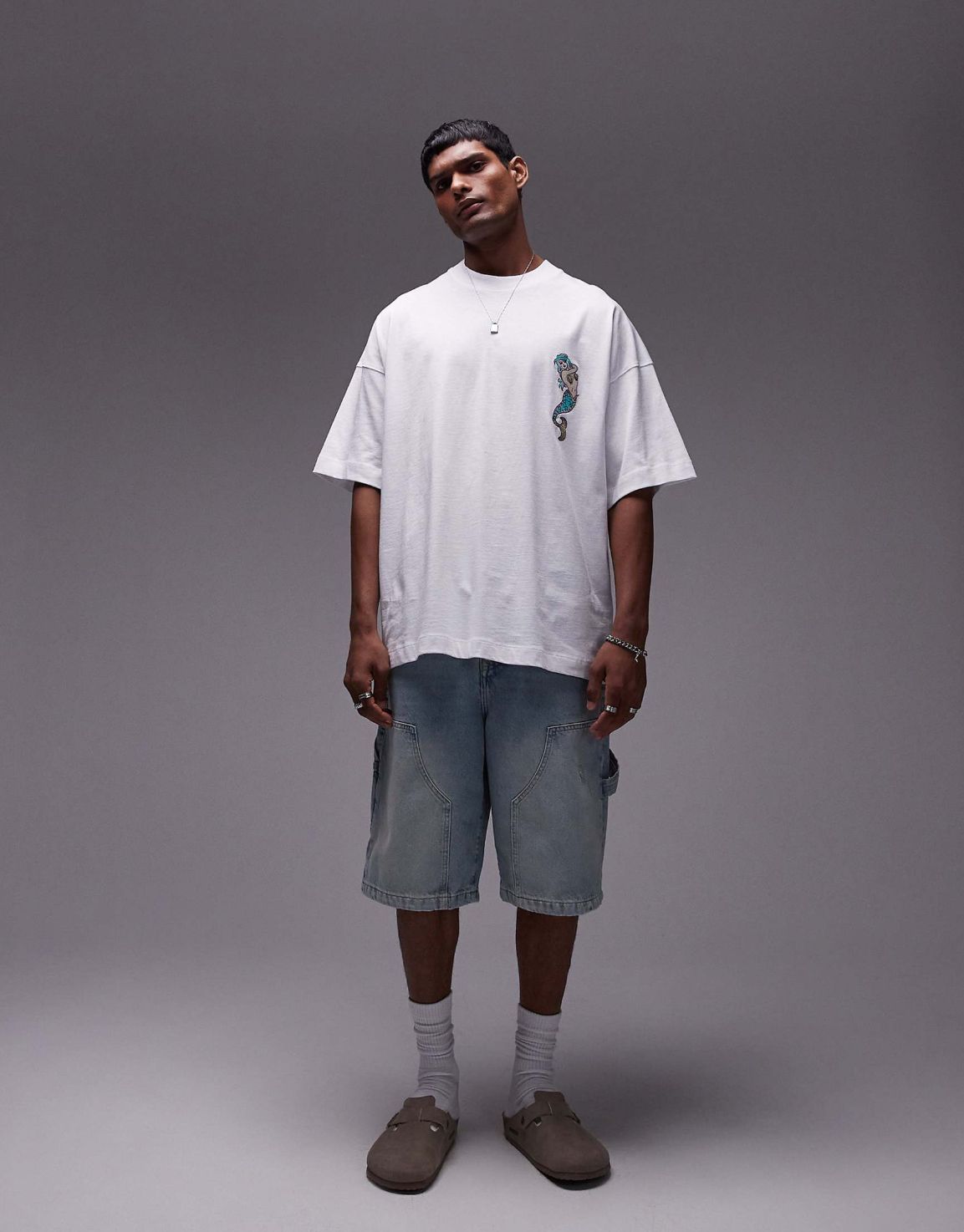 Topman extreme oversized fit t-shirt with tattoo mermaid embroidery in white