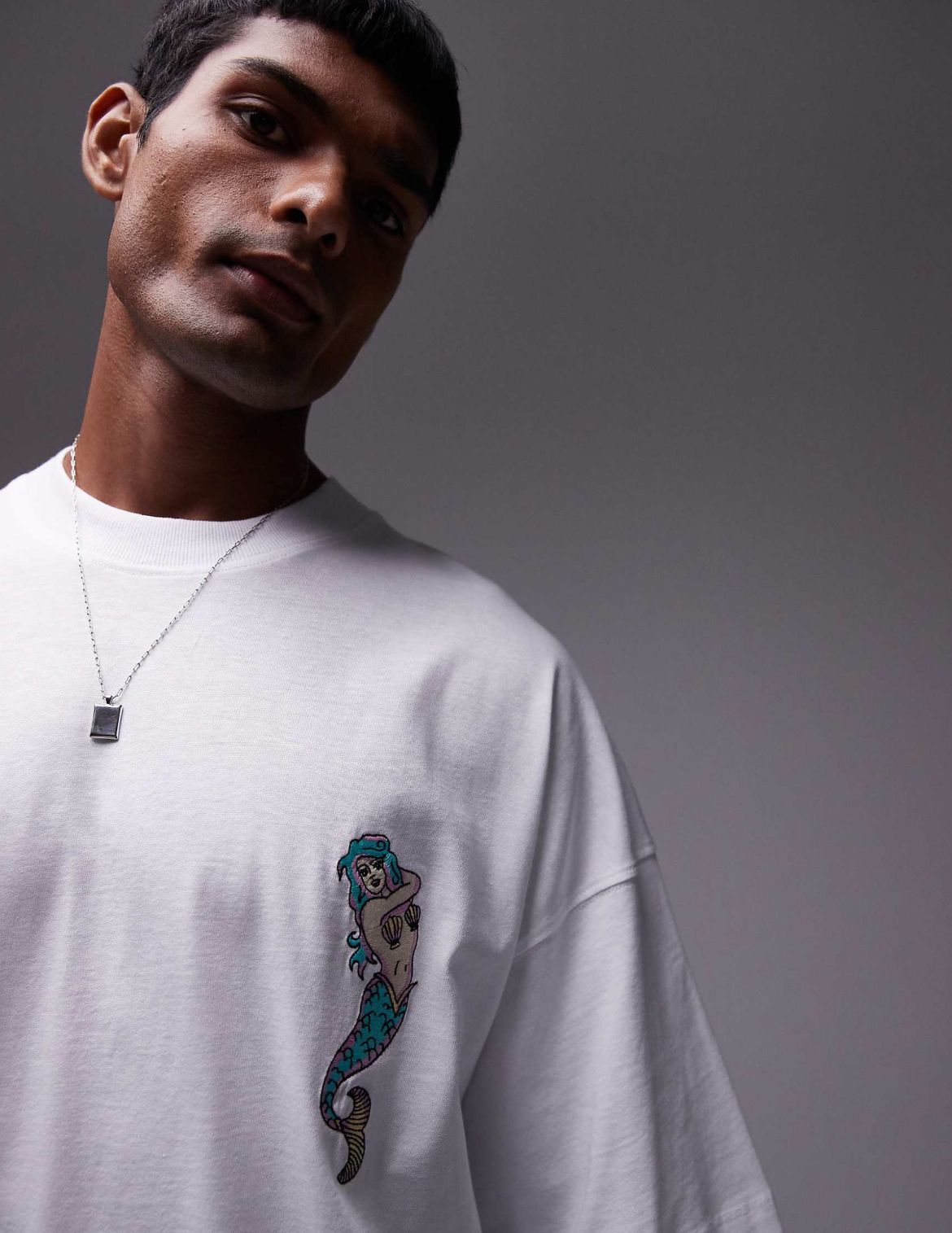 Topman extreme oversized fit t-shirt with tattoo mermaid embroidery in white