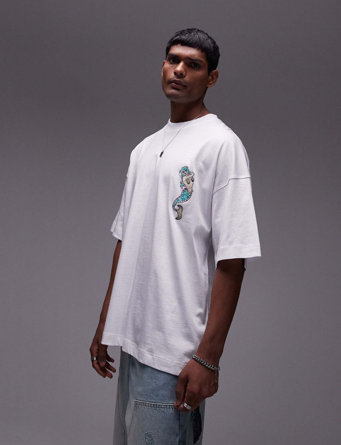 Topman extreme oversized fit t-shirt with tattoo mermaid embroidery in white
