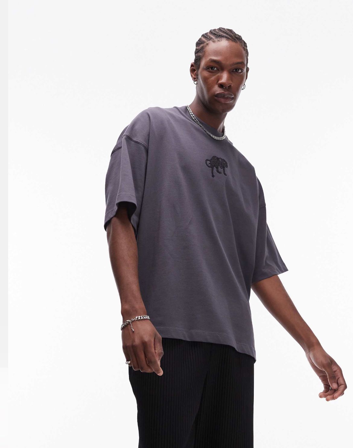 Topman premium extreme oversized fit t-shirt with front and back embroidered leopard in charcoal