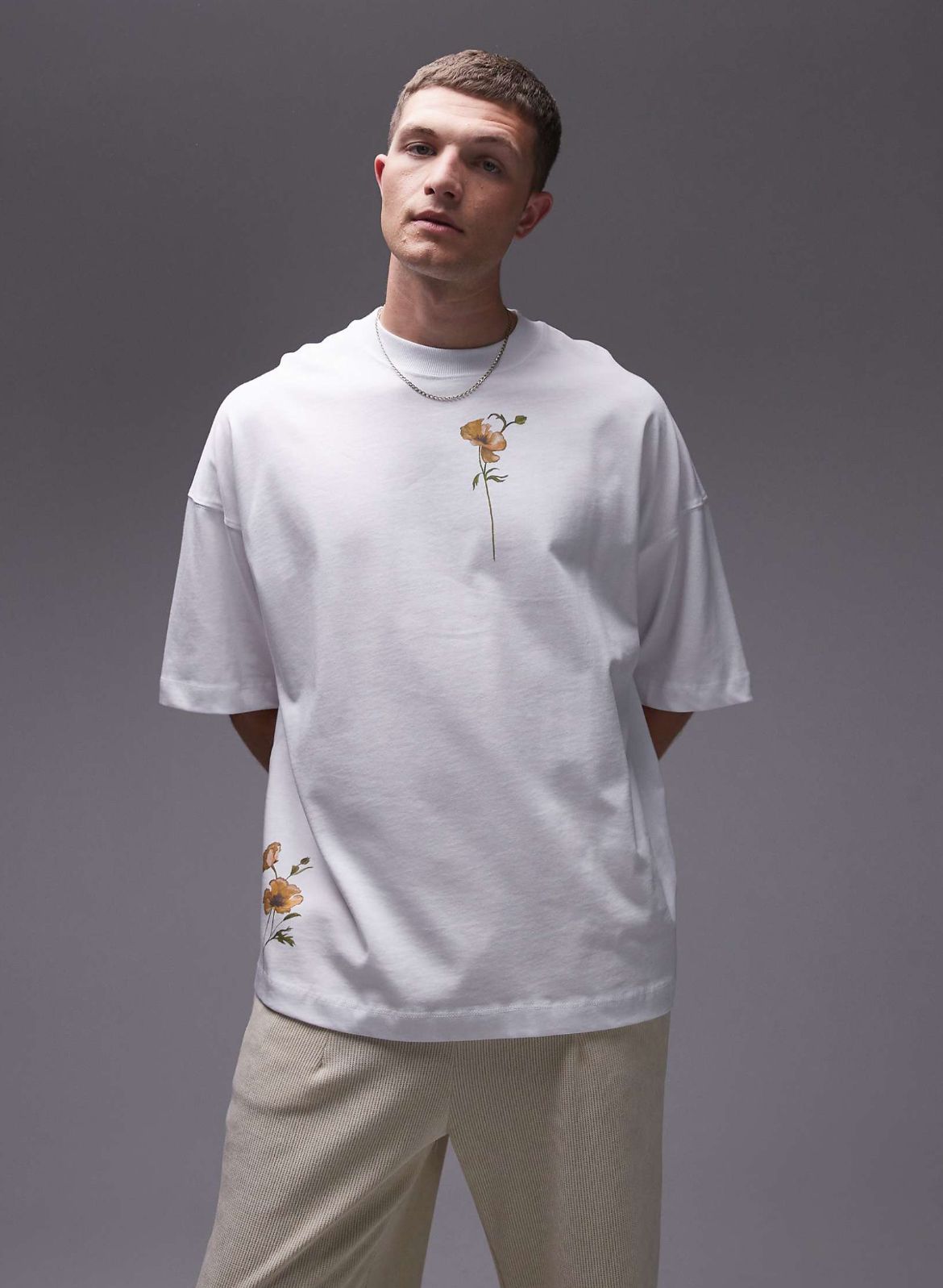 Topman premium extreme oversized fit t-shirt with yellow poppies front and back print in white