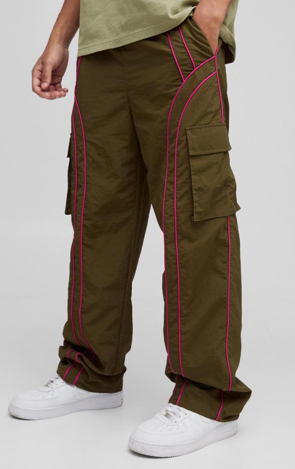 Boohooman Elasticated Waist Relaxed Nylon Pipped Cargo Trousers