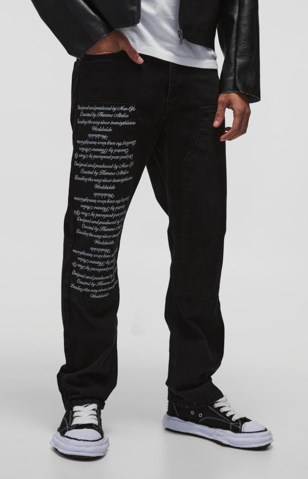 Boohooman Relaxed Rigid Embroidery Carpenter Denim Jeans