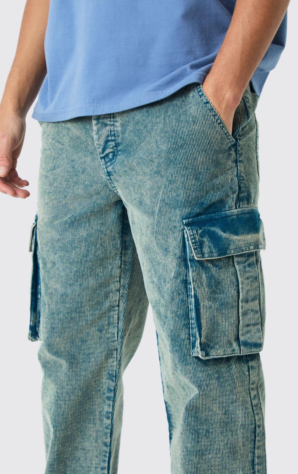 Boohooman Relaxed Cargo Acid Wash Cord Trouser In Navy