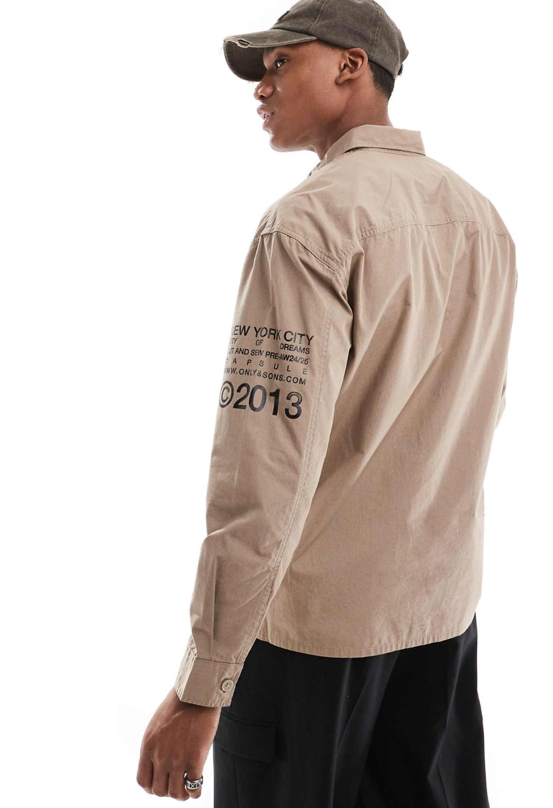 ONLY & SONS relaxed shirt with NYC prints in beige