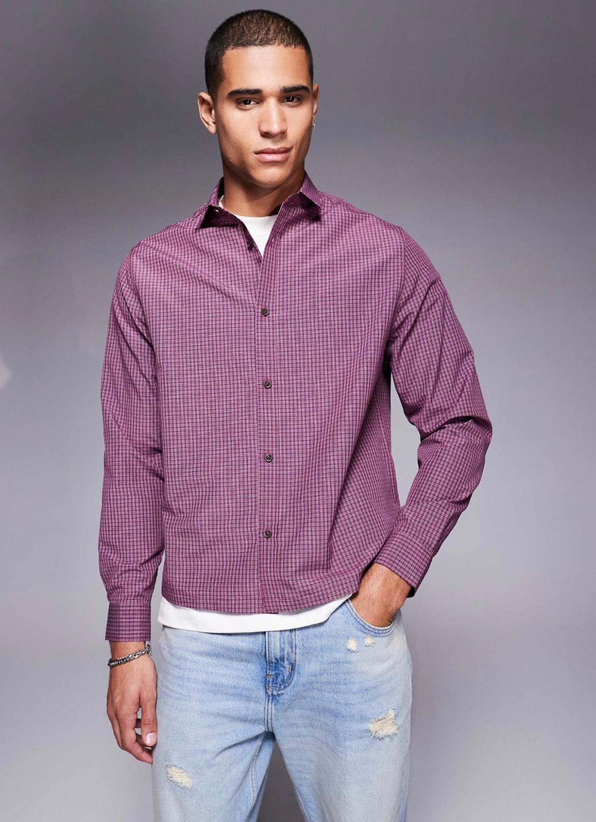 ASOS DESIGN boxy relaxed check shirt in burgundy