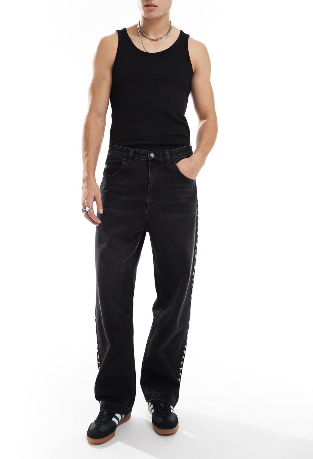 Bershka baggy fit studded jean in black