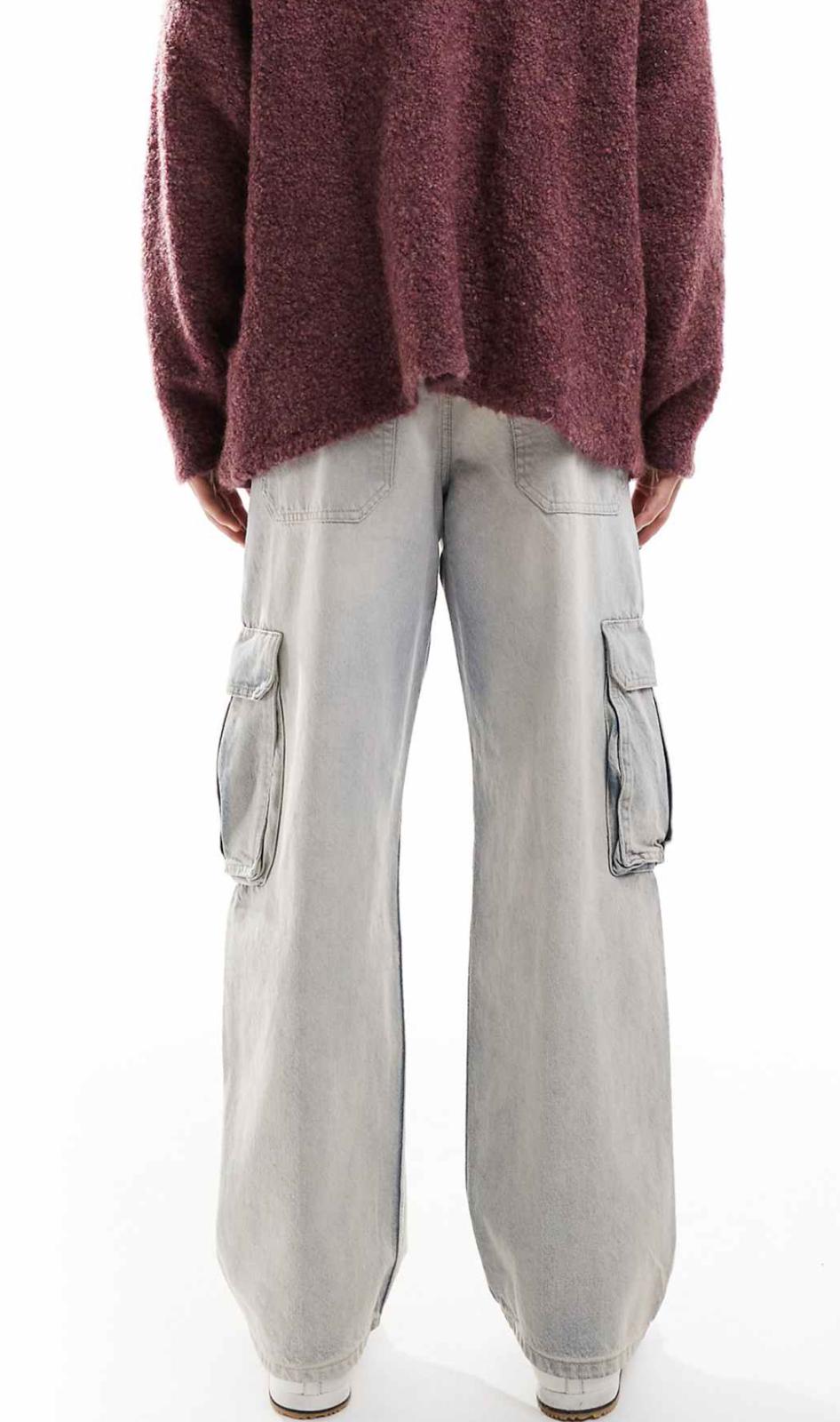 Pull&Bear heavy washed wide leg cargo jeans in light blue