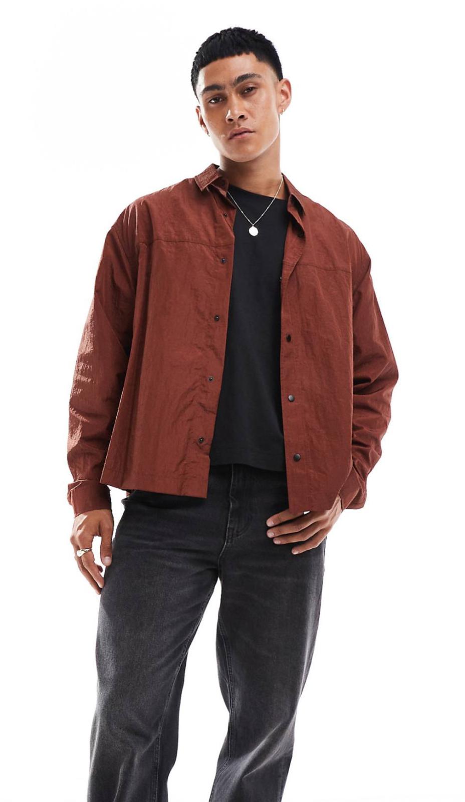 ASOS DESIGN boxy nylon shirt in brown