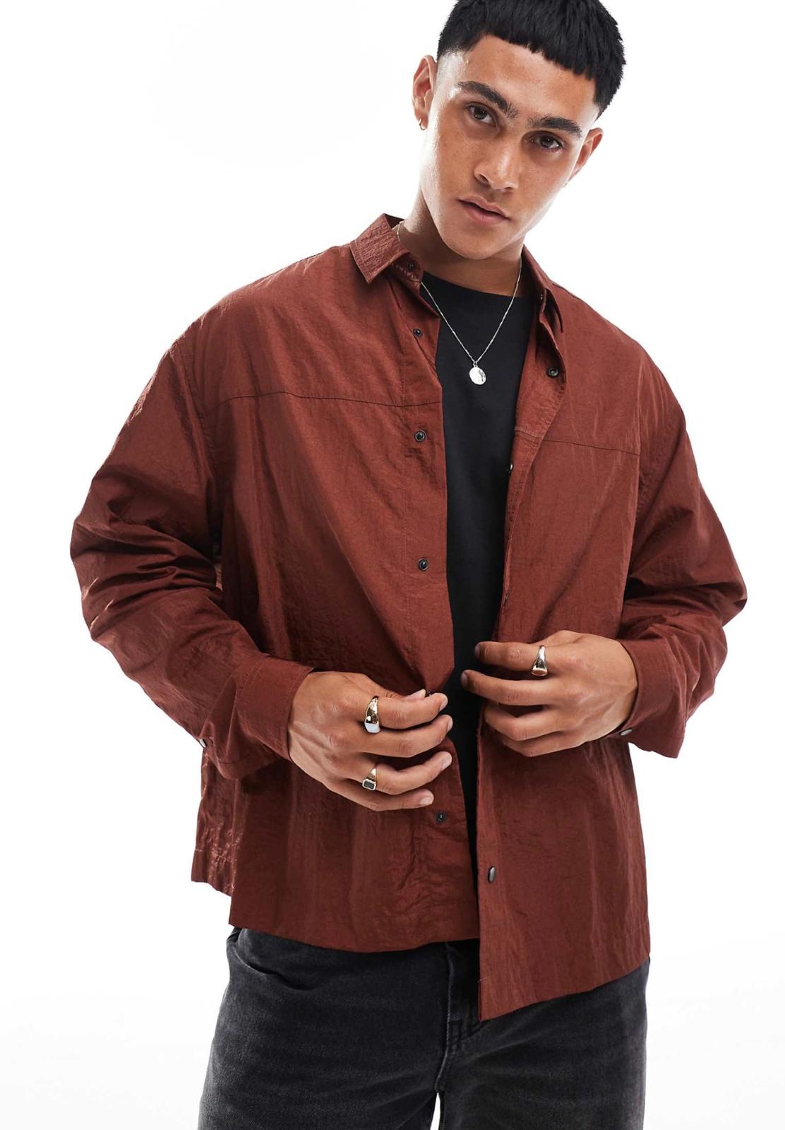 ASOS DESIGN boxy nylon shirt in brown