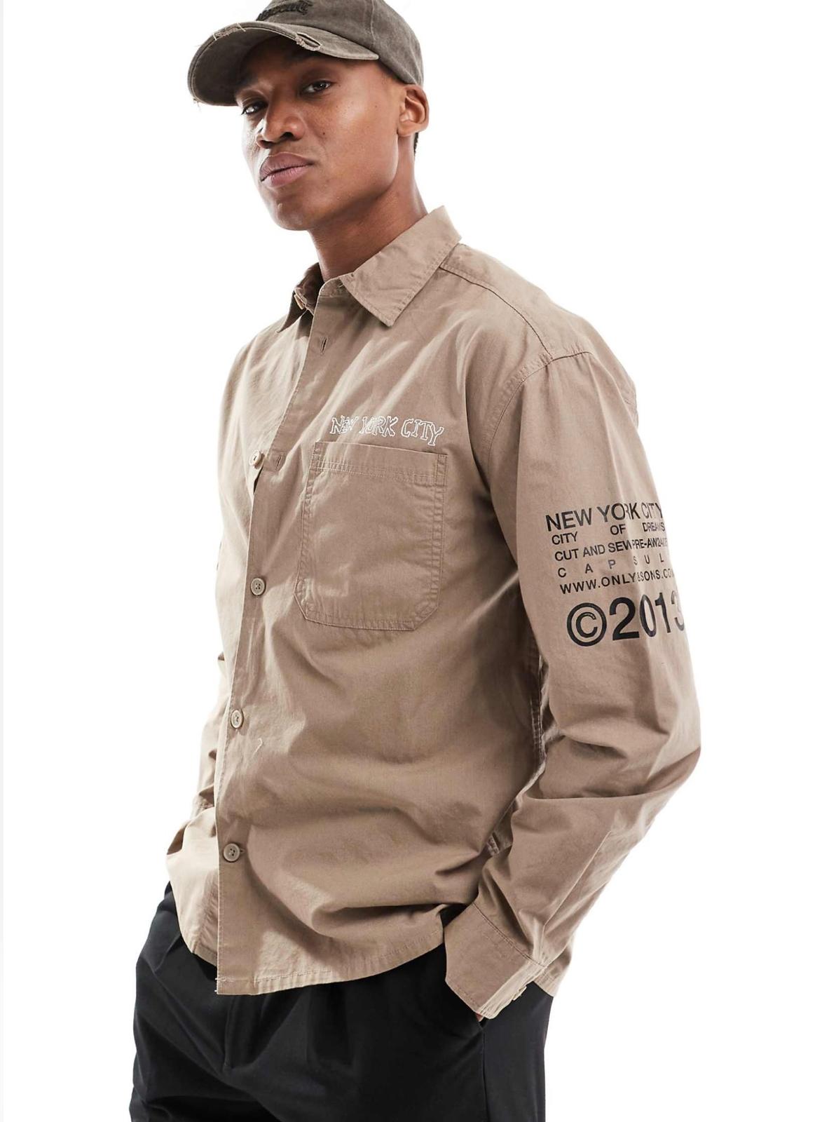 ONLY & SONS relaxed shirt with NYC prints in beige