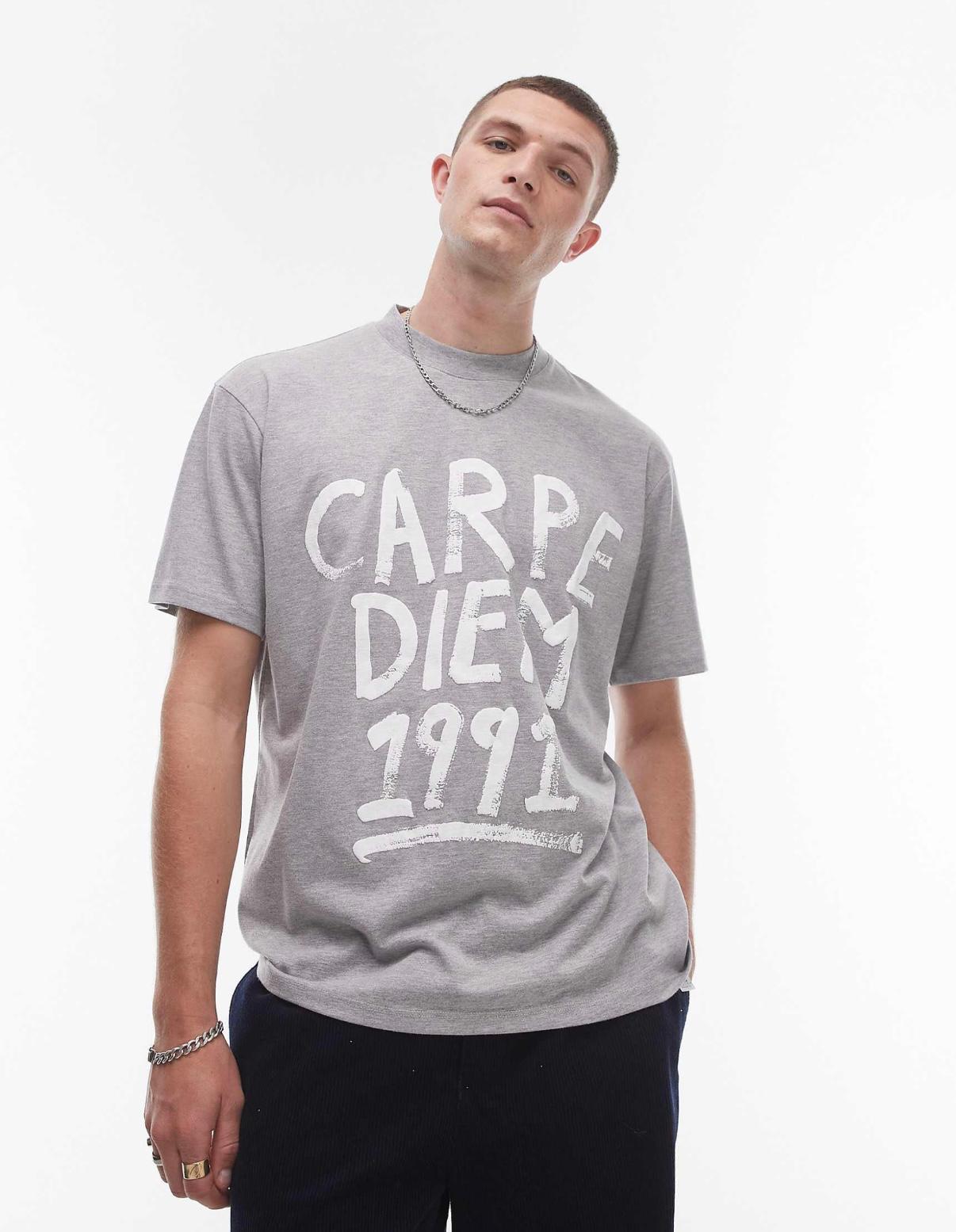 Topman oversized fit t-shirt with Carpe Diem print in grey marl