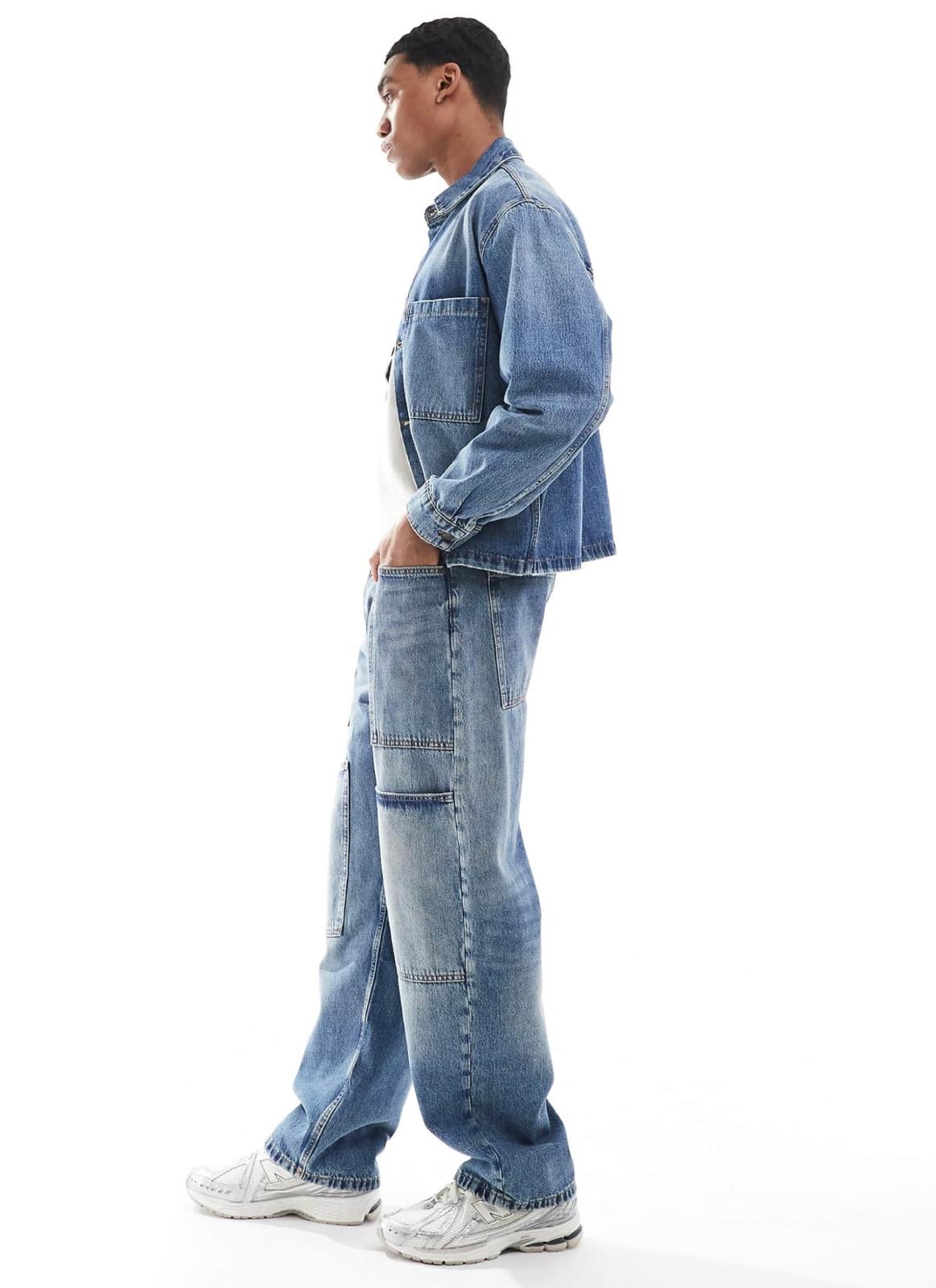 Pull&Bear wide leg washed co-ord jeans in mid blue