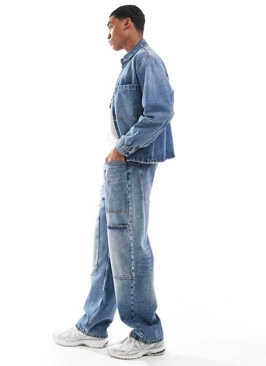 Pull&Bear wide leg washed co-ord jeans in mid blue