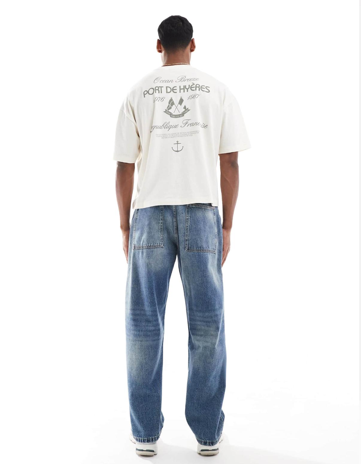 Pull&Bear wide leg washed co-ord jeans in mid blue