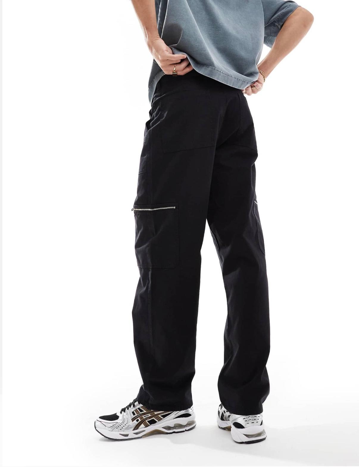ASOS DESIGN baggy carpenter trousers with zip details in washed black