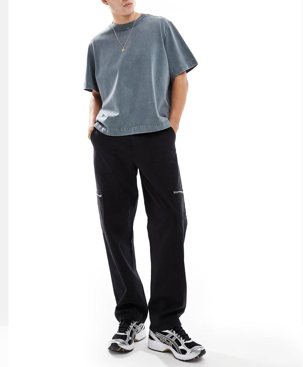 ASOS DESIGN baggy carpenter trousers with zip details in washed black