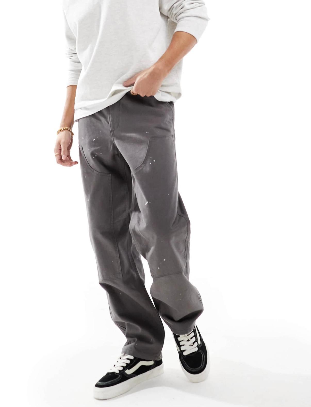ASOS DESIGN carpenter trousers with paint splats in charcoal