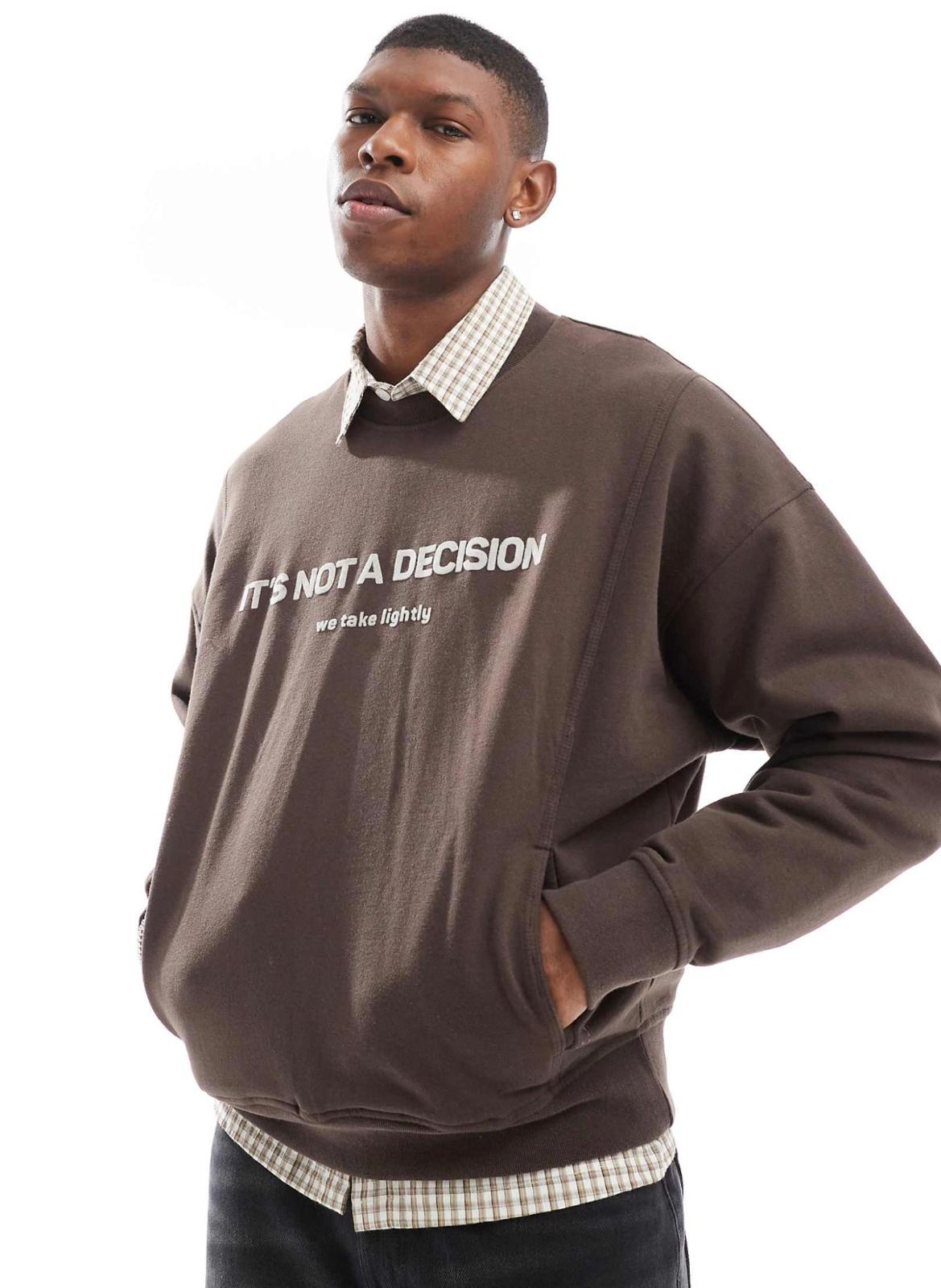 Pull&Bear not a decision printed sweatshirt in washed brown