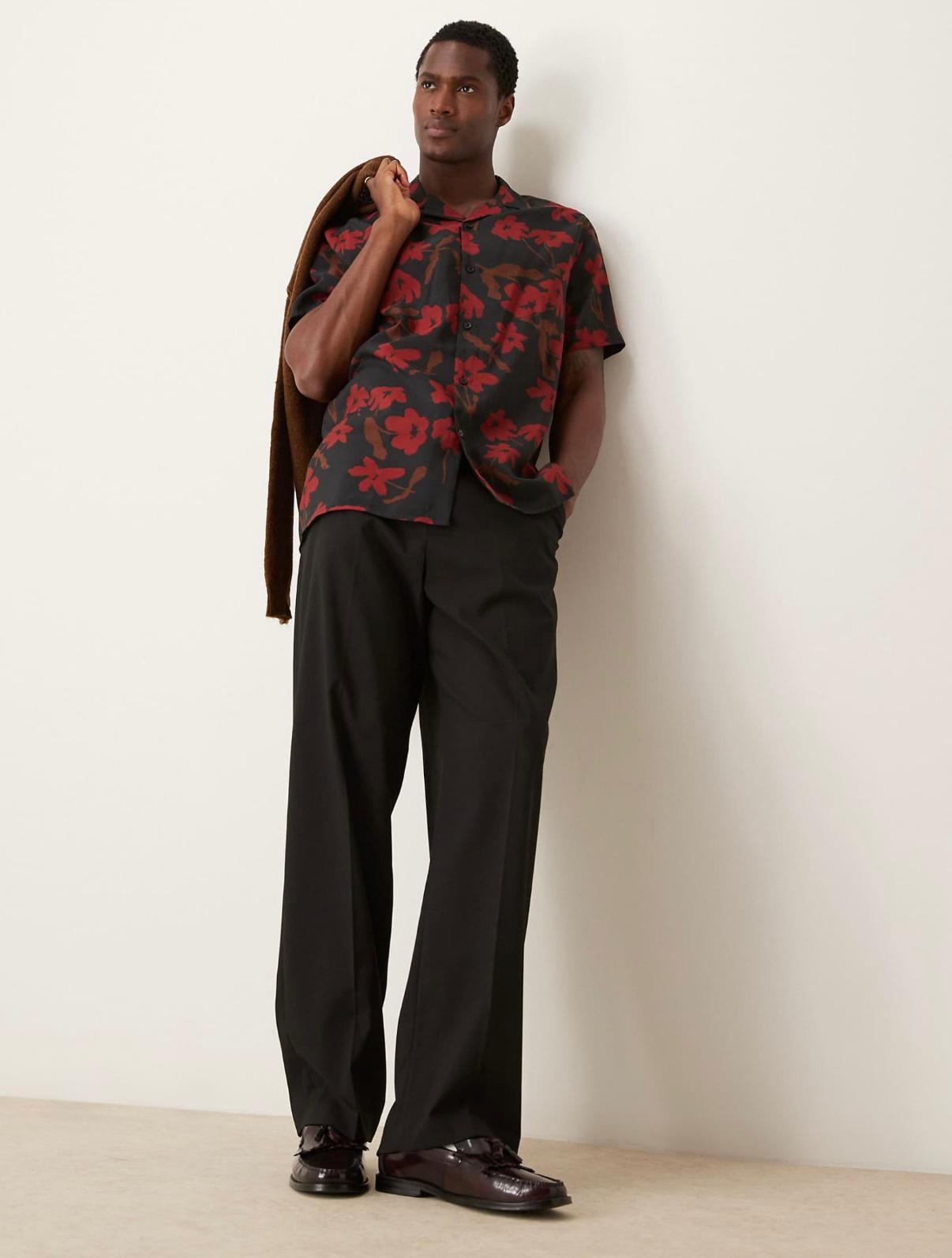 ASOS DESIGN relaxed revere shirt with floral print in black and red