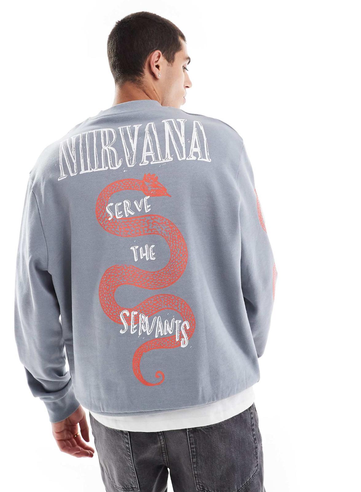 ASOS DESIGN unisex oversized sweatshirt with Nirvana Serve The Servants prints in grey