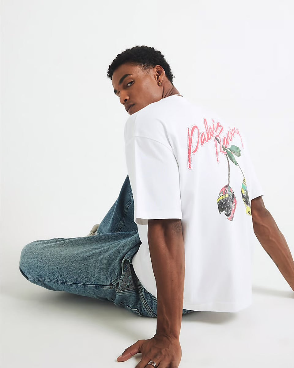 River Island Mens T-Shirt White Oversized Fit Racing Cherry