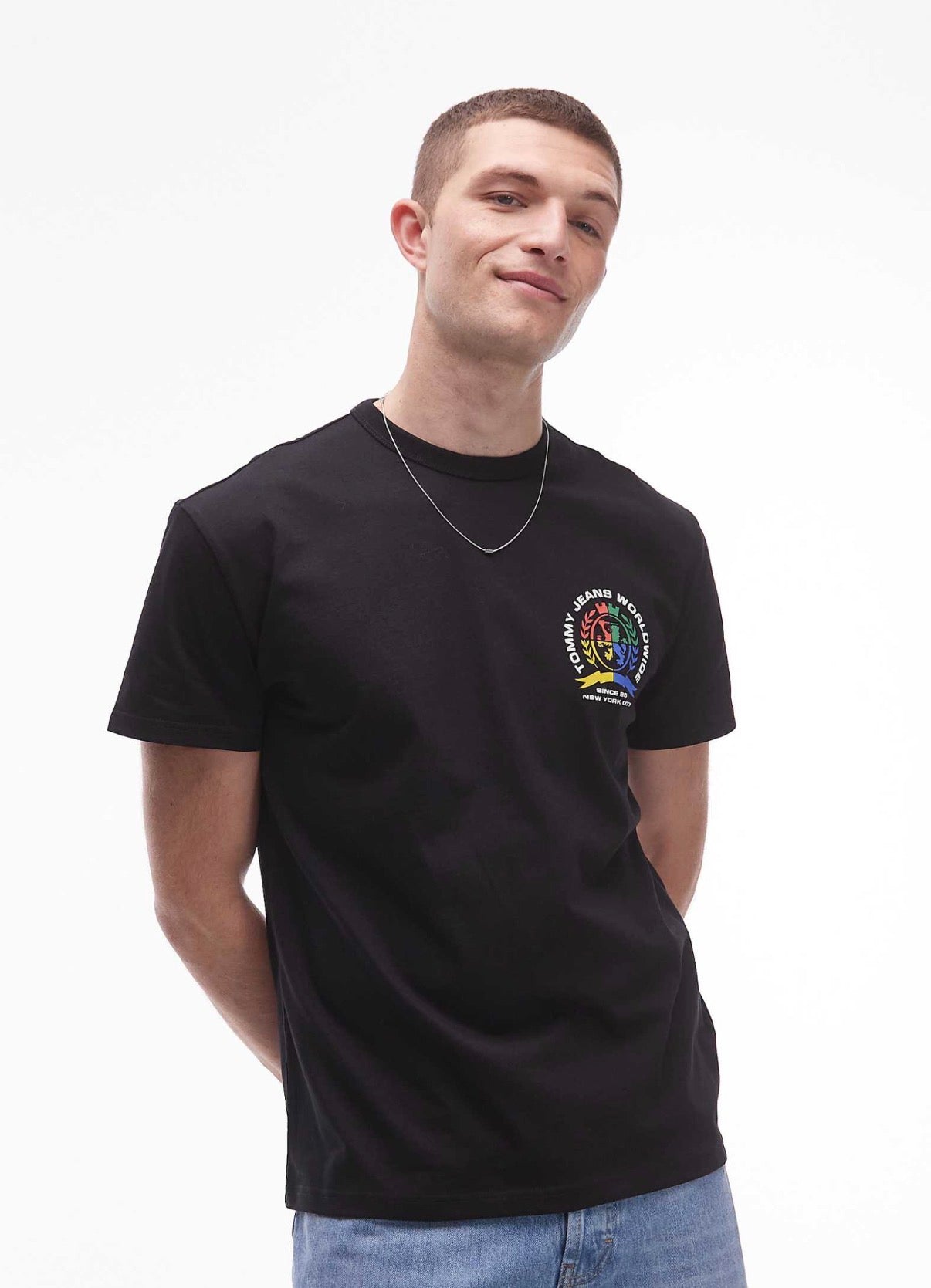 Tommy Jeans colourful crest logo t-shirt with backprint graphic in black