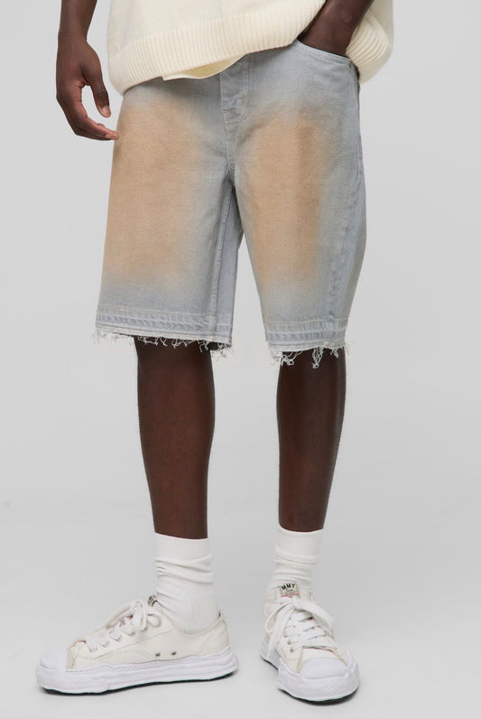 BoohooMAN Relaxed Rigid Let Down Hem Tinted Denim Shorts