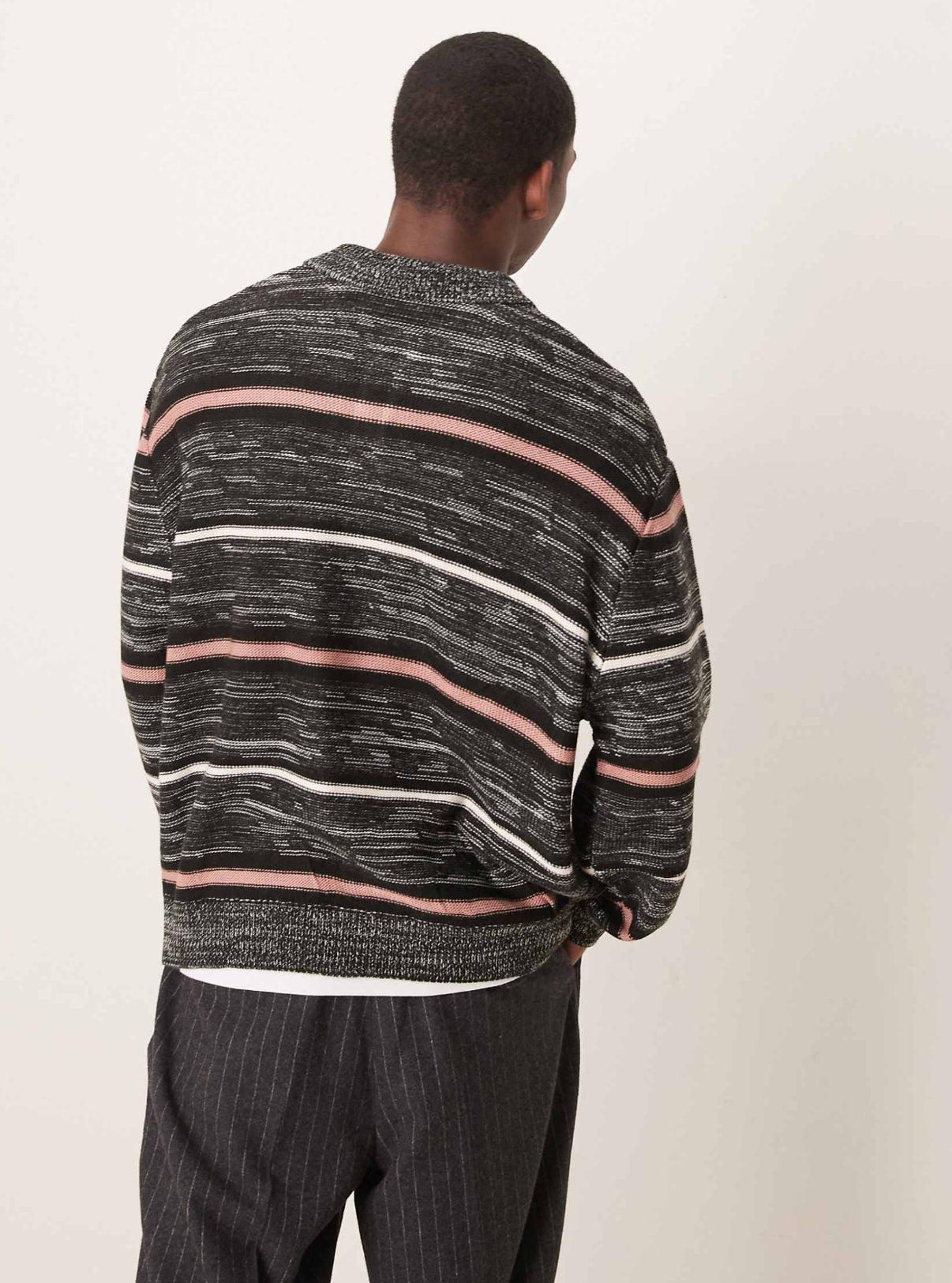 ASOS DESIGN oversized knitted stripe polo in grey marl