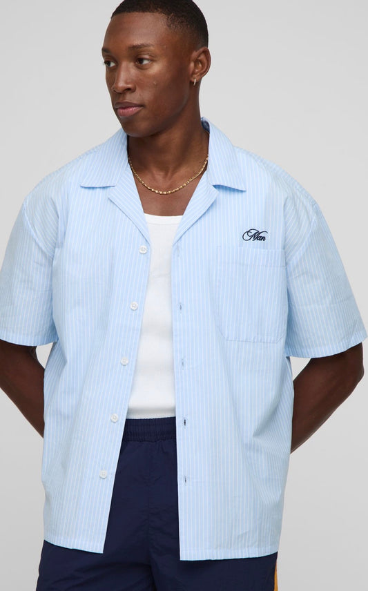 BoohooMAN Oversized Revere Fruit Print Stripe Shirt