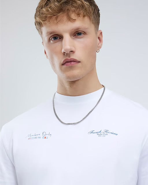 River Island Mens T-Shirt White Regular Fit French Riviera