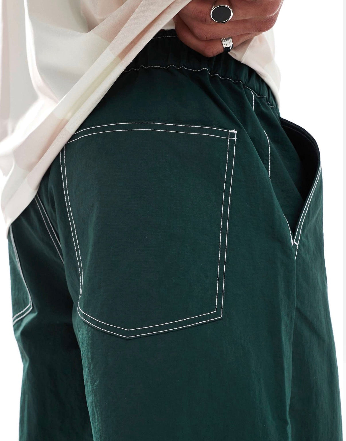 ASOS DESIGN baggy trouser in green nylon with contrast stitch