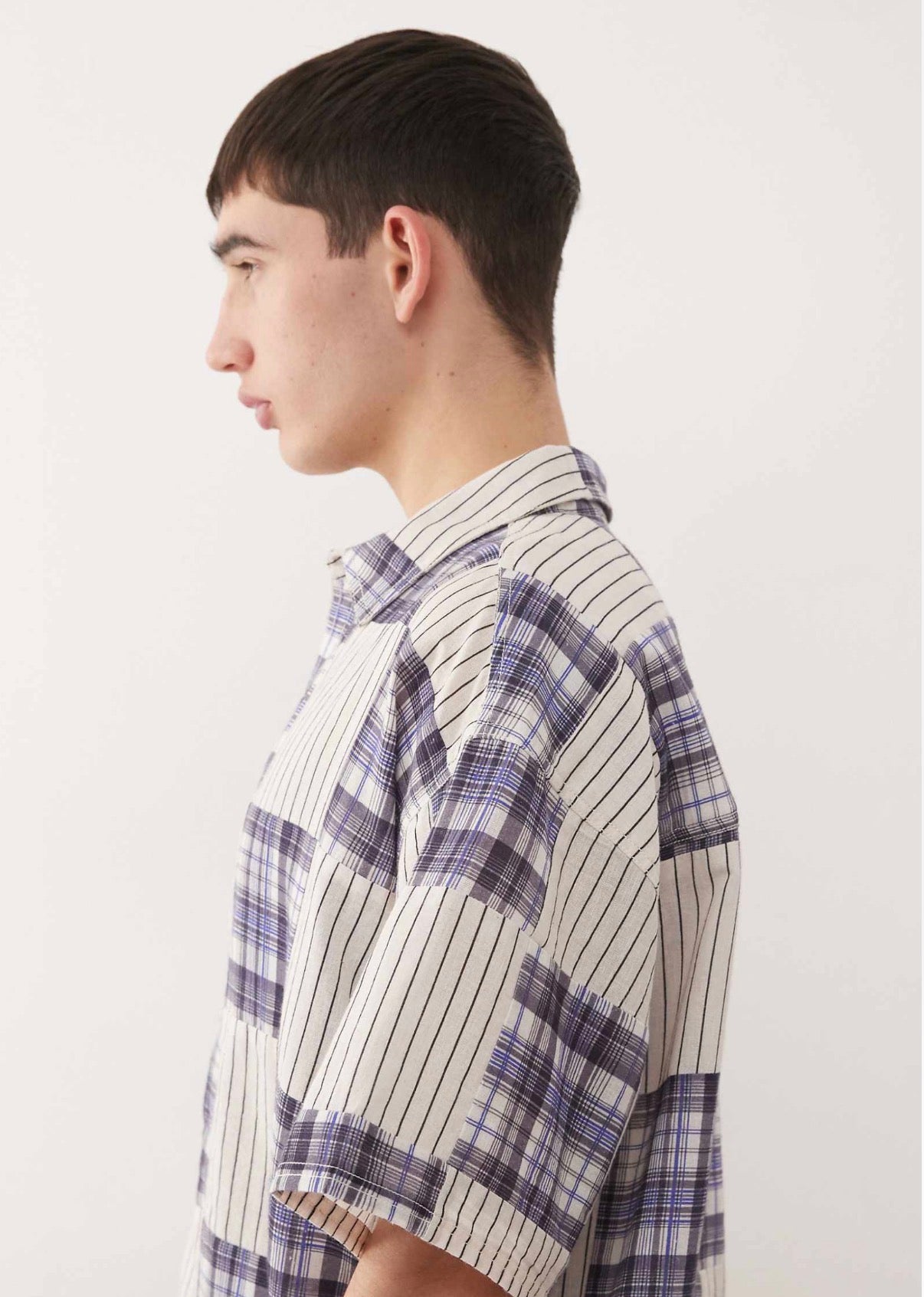 Reclaimed Vintage short sleeve boxy shirt with spliced stripe and check