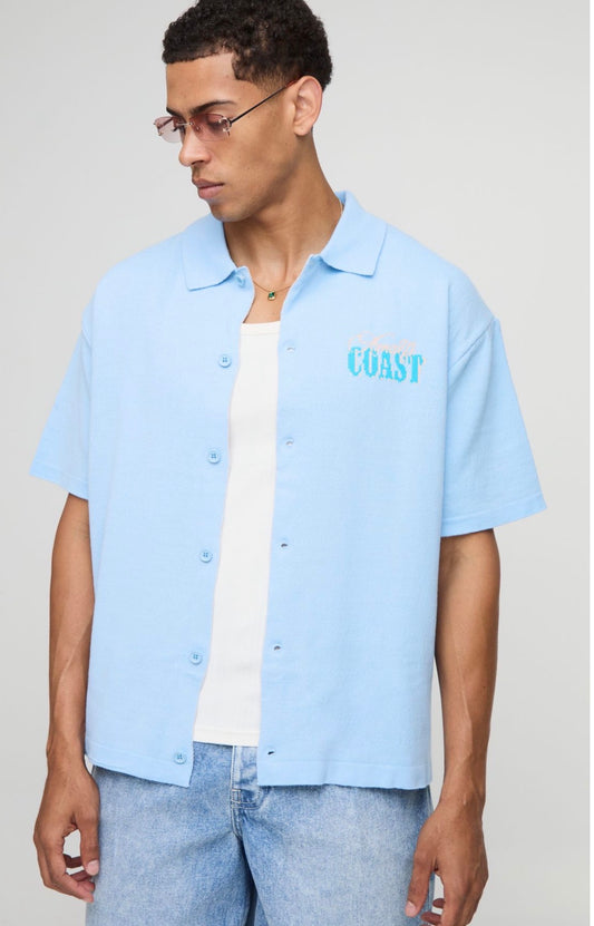 BoohooMAN Boxy Fit Resort Scenic Jacquard Knitted Shirt