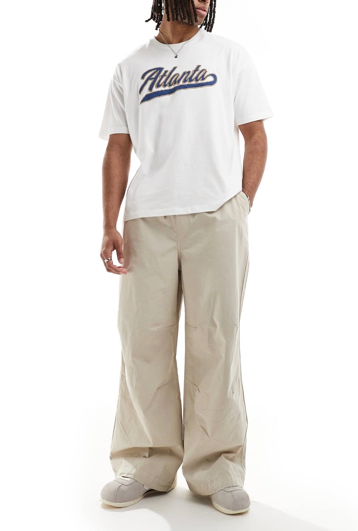 ASOS DESIGN parachute trousers in stone poplin